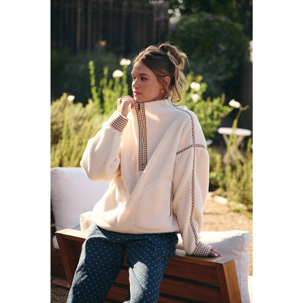 COZY CABIN GINGHAM TRIM HALF-ZIP PULLOVER