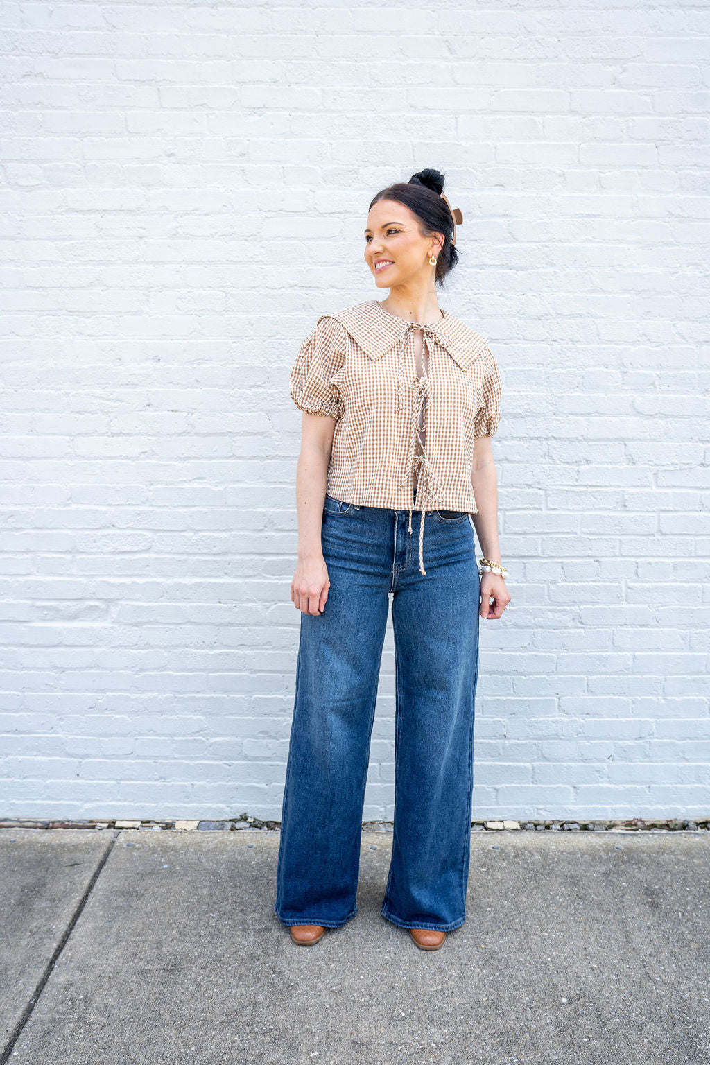 Downtown Darling Gingham Tie Front Top