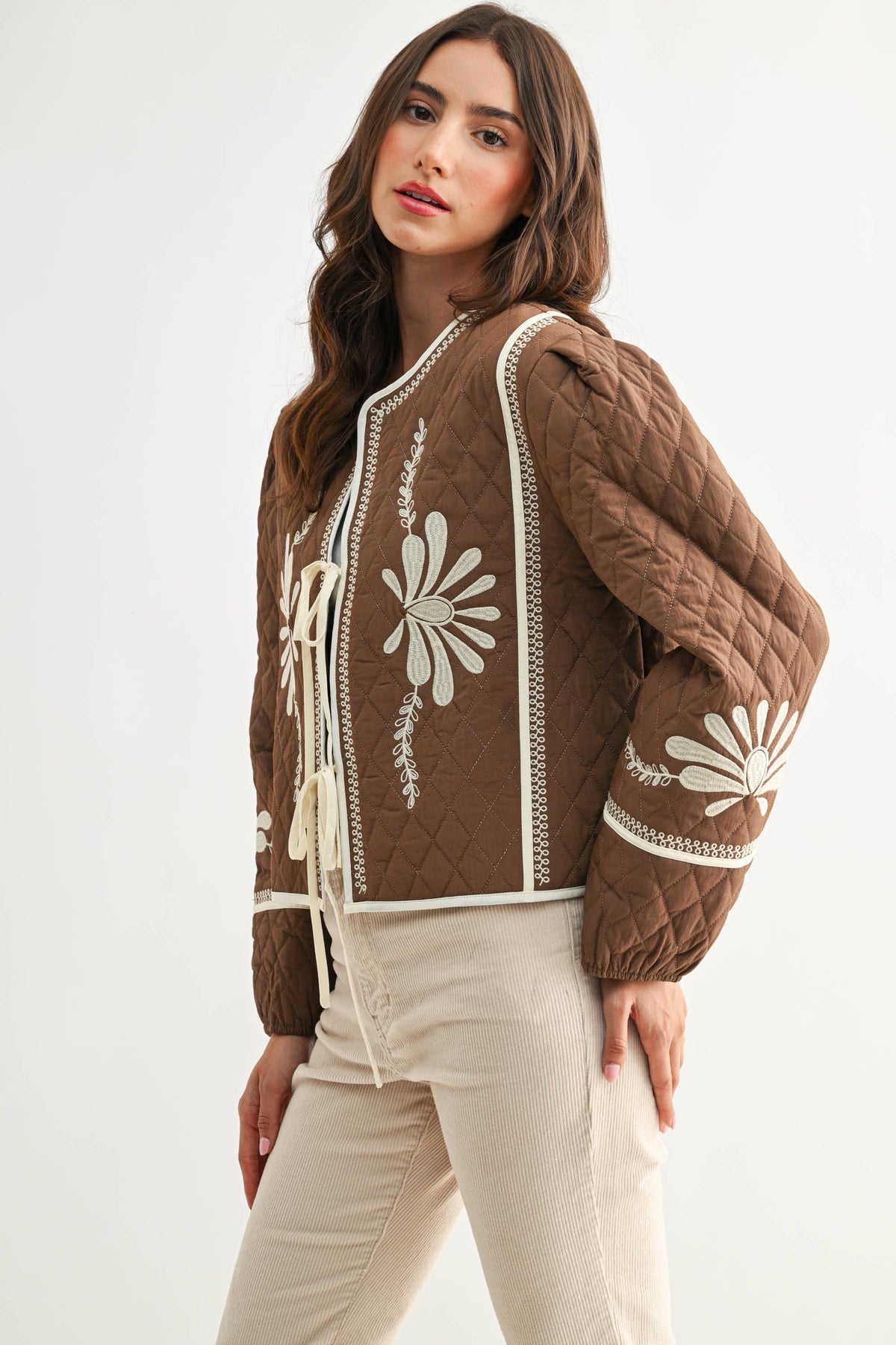 BOHO BLOOM QUILTED TIE-FRONT JACKET,  MOCHA