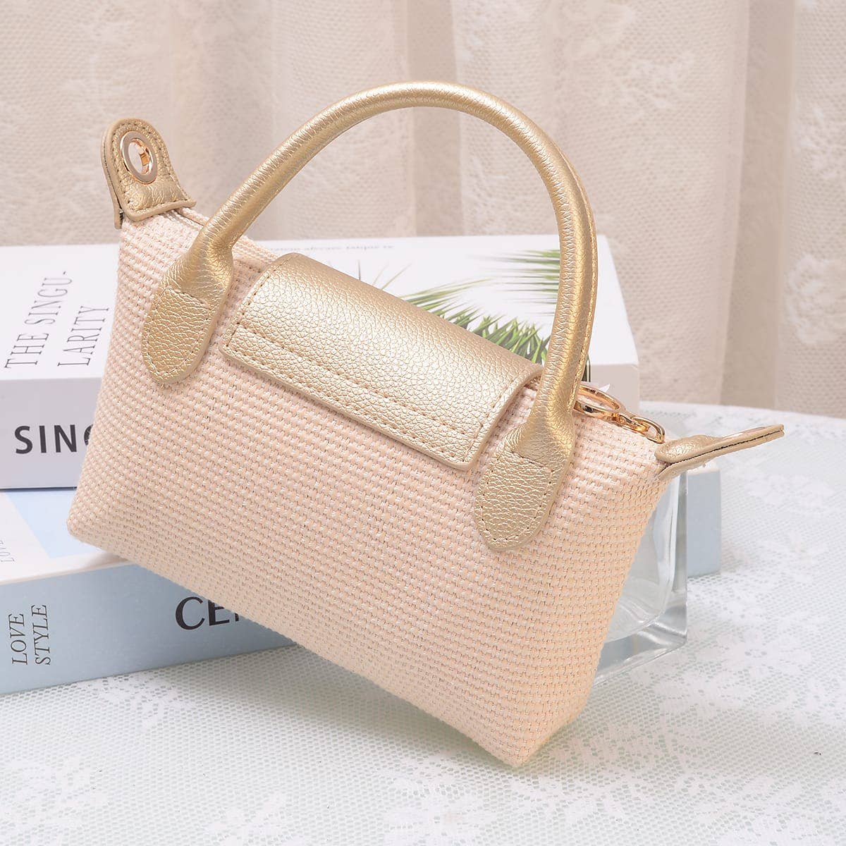 Lacey Straw Mini Crossbody Bag: Champagne Gold