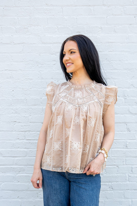 Lilian Lace Trim Flutter Sleeve Top, Taupe
