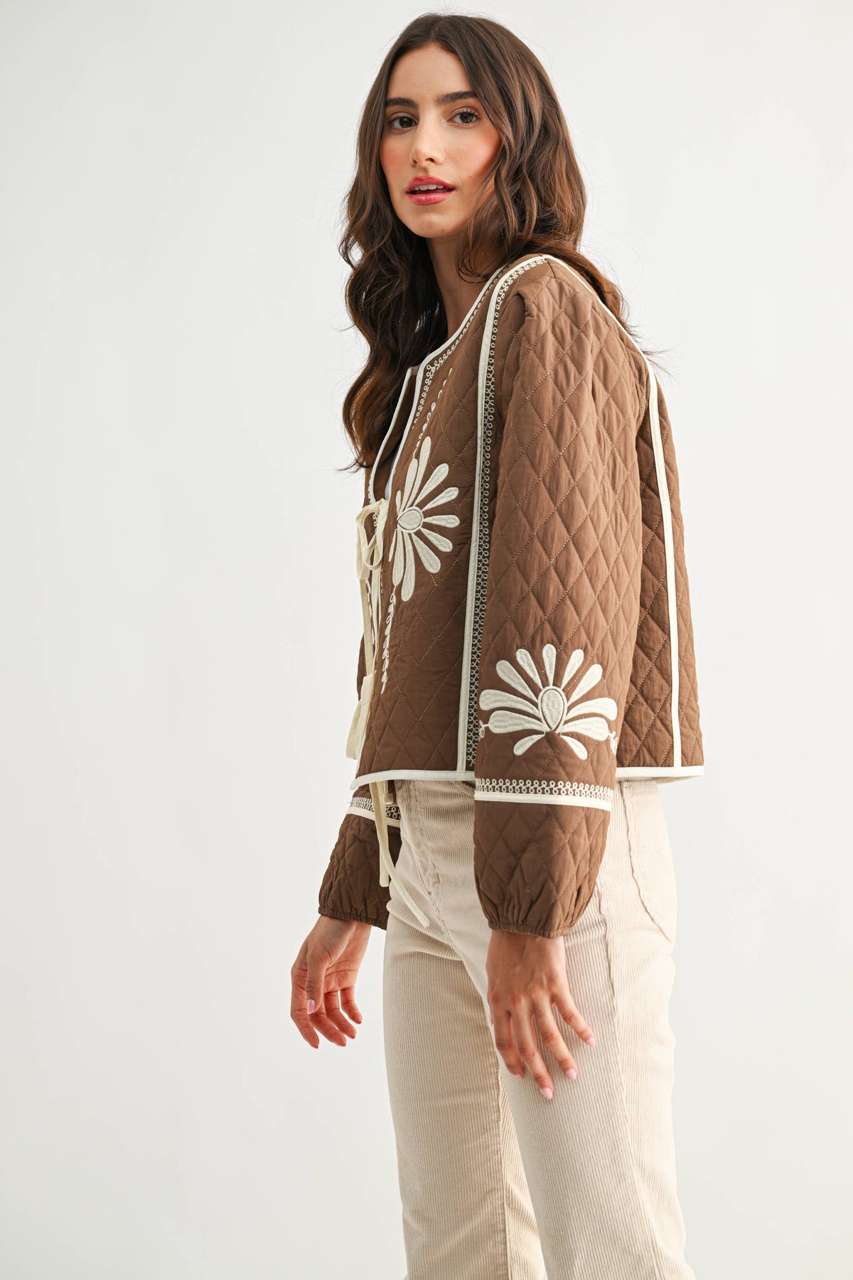 BOHO BLOOM QUILTED TIE-FRONT JACKET,  MOCHA