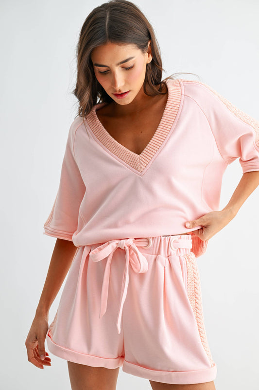 LYLA KNIT TRIM PINK LOUNGE SHORT SET