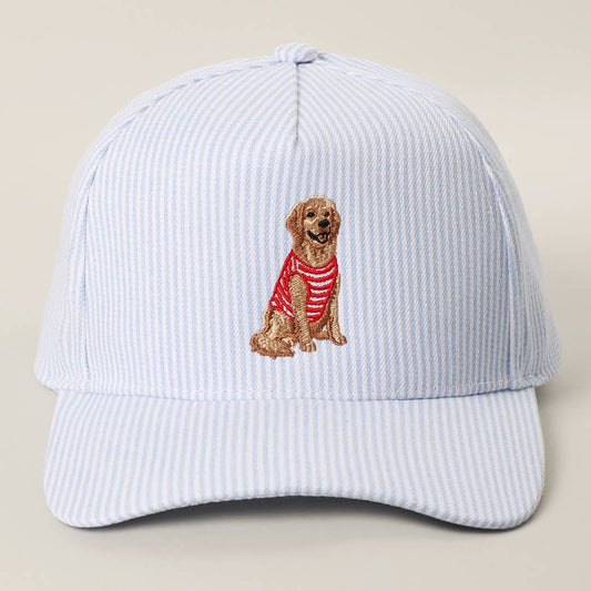 Golden Retriever Embroidered Seersucker Stripe Trucker Hat: BLUE
