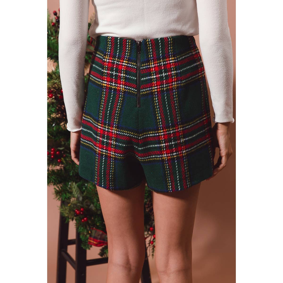 CHECKERED PLAID HOLIDAY SKORT, HUNTER CHECK