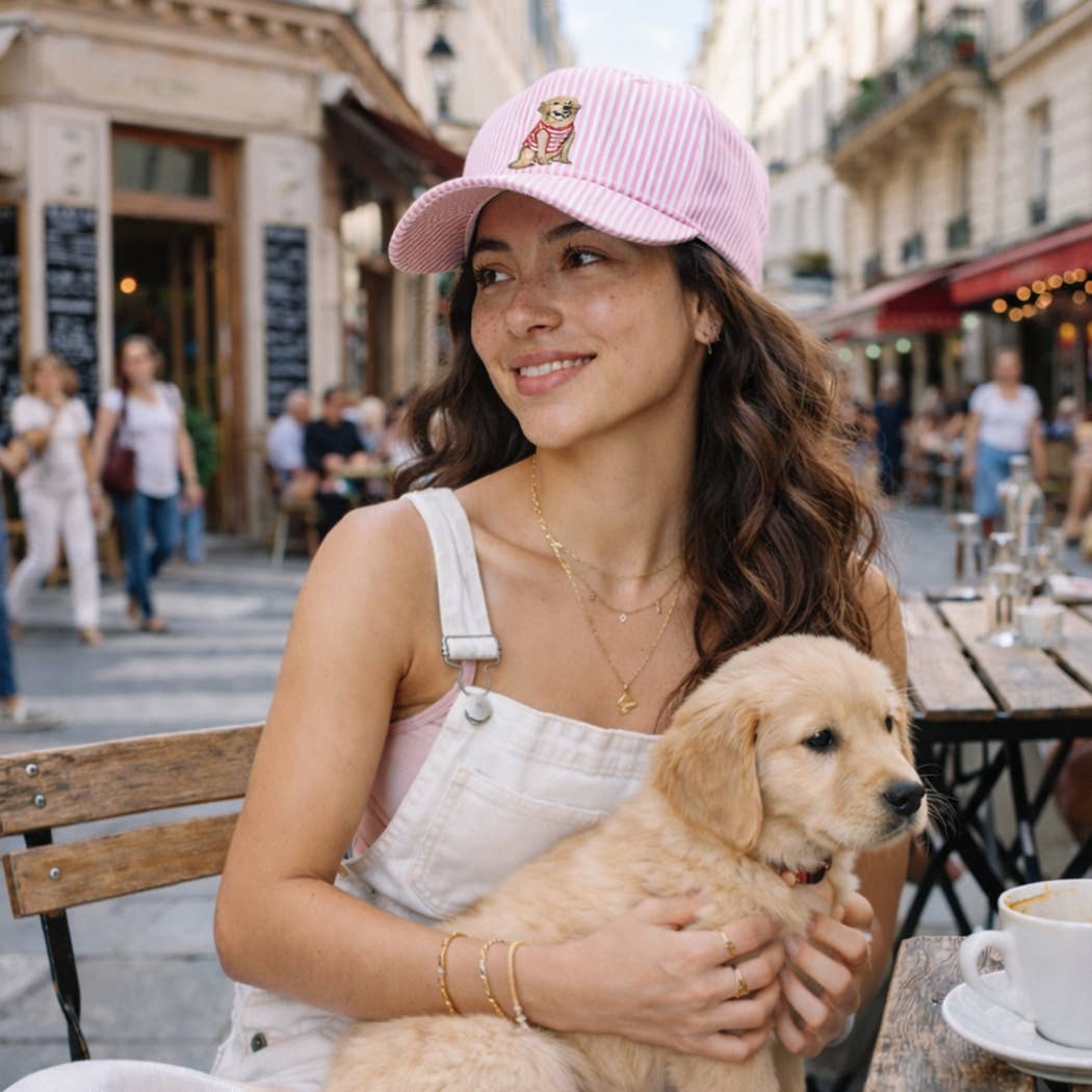 Golden Retriever Embroidered Seersucker Stripe Trucker Hat: BLUE