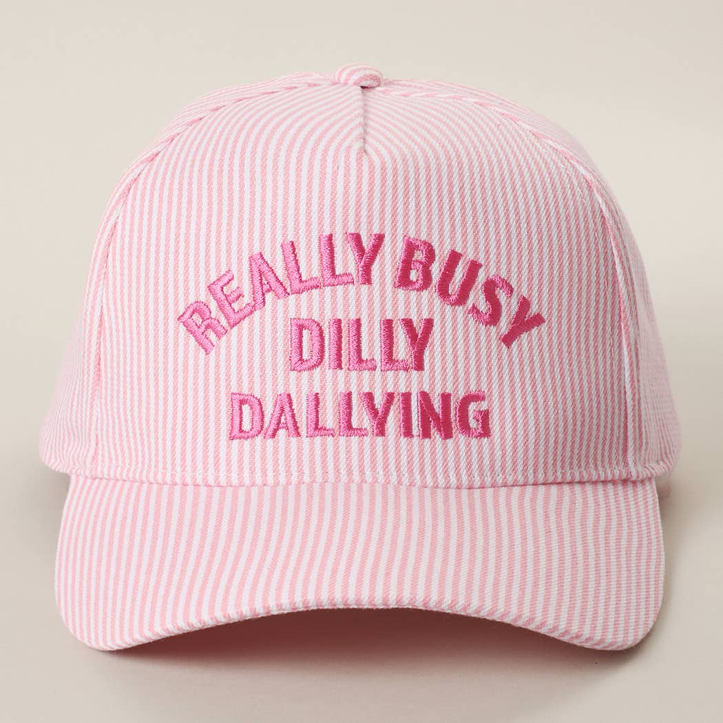 REALLY BUSY DILLY DALLYING Embroidered Seersucker Stripe Hat: PINK
