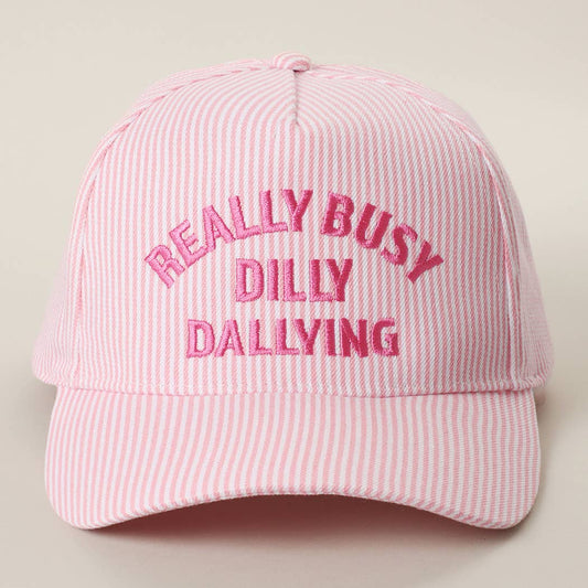 REALLY BUSY DILLY DALLYING Embroidered Seersucker Stripe Hat: PINK