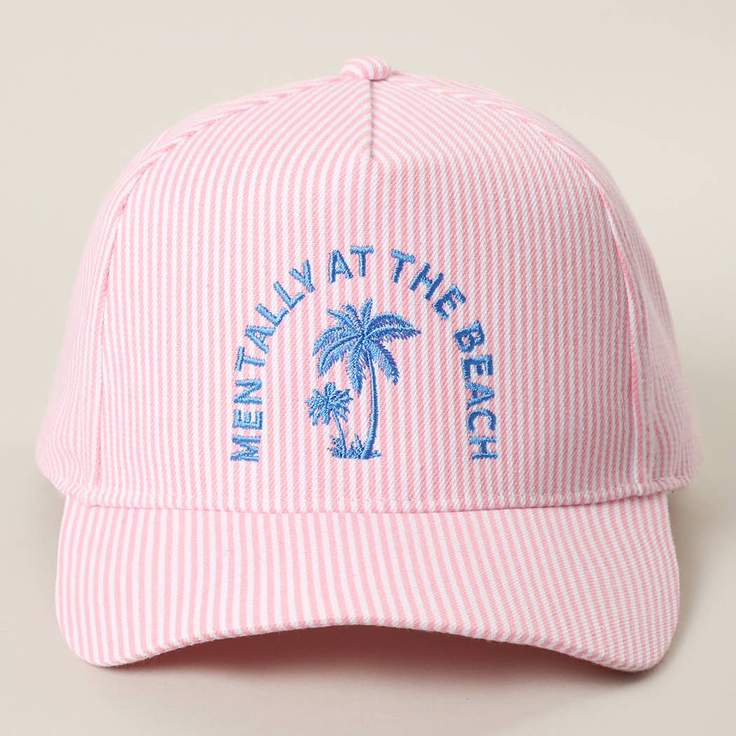 MENTALLY AT THE BEACH Embroidered Seersucker Trucker Hat, Pink