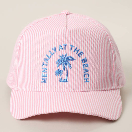 MENTALLY AT THE BEACH Embroidered Seersucker Trucker Hat, Pink