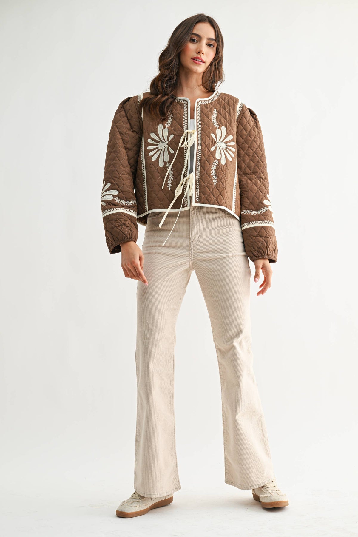 BOHO BLOOM QUILTED TIE-FRONT JACKET,  MOCHA