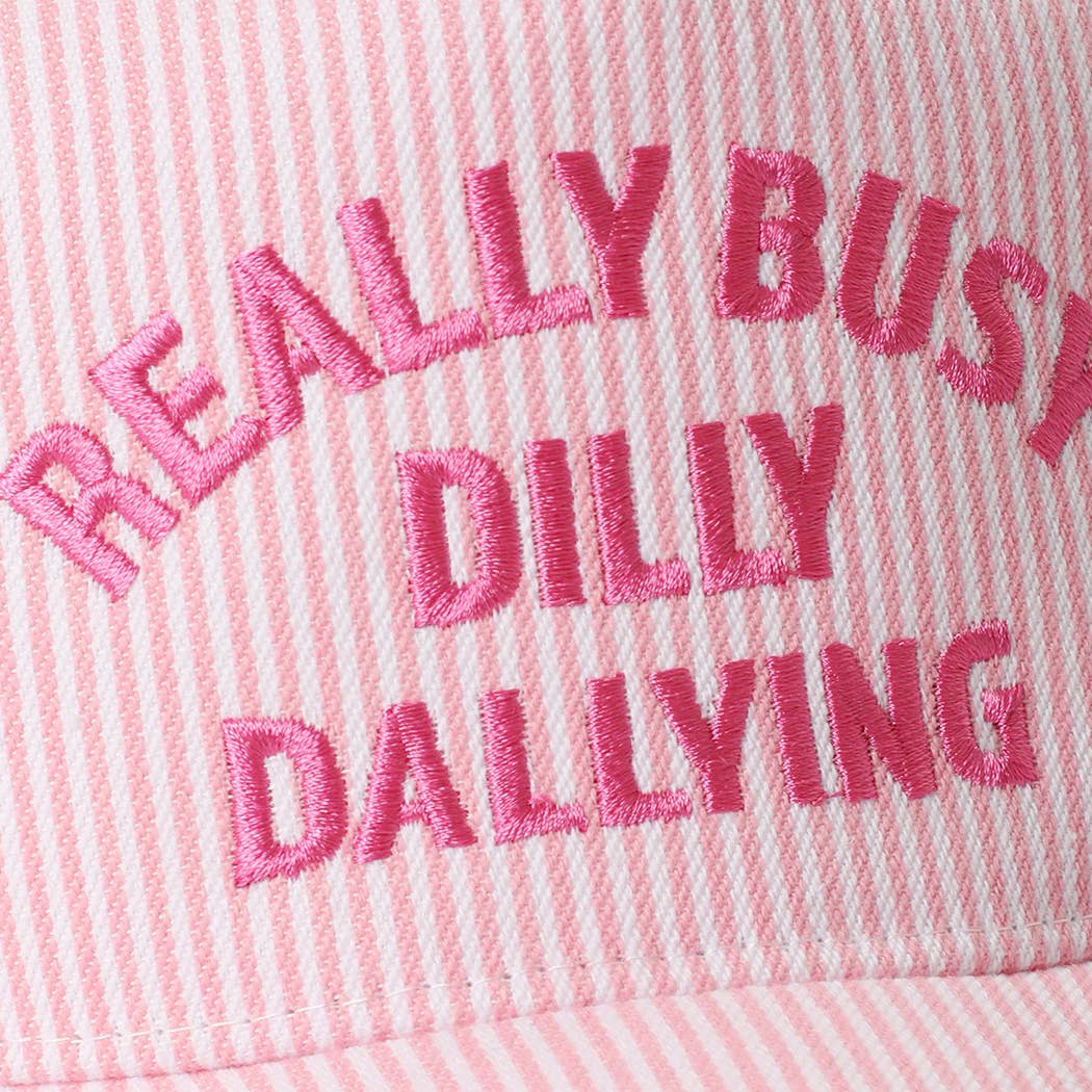 REALLY BUSY DILLY DALLYING Embroidered Seersucker Stripe Hat: PINK