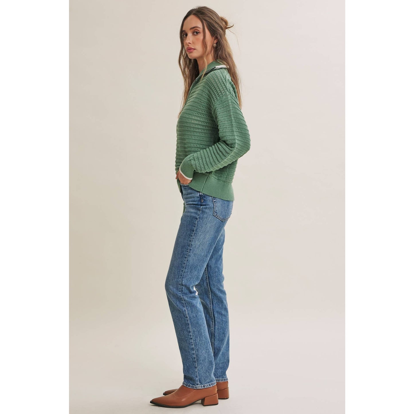 MOUNTAIN AIR TEXTURED HALF-ZIP SWEATER: SEA GREEN