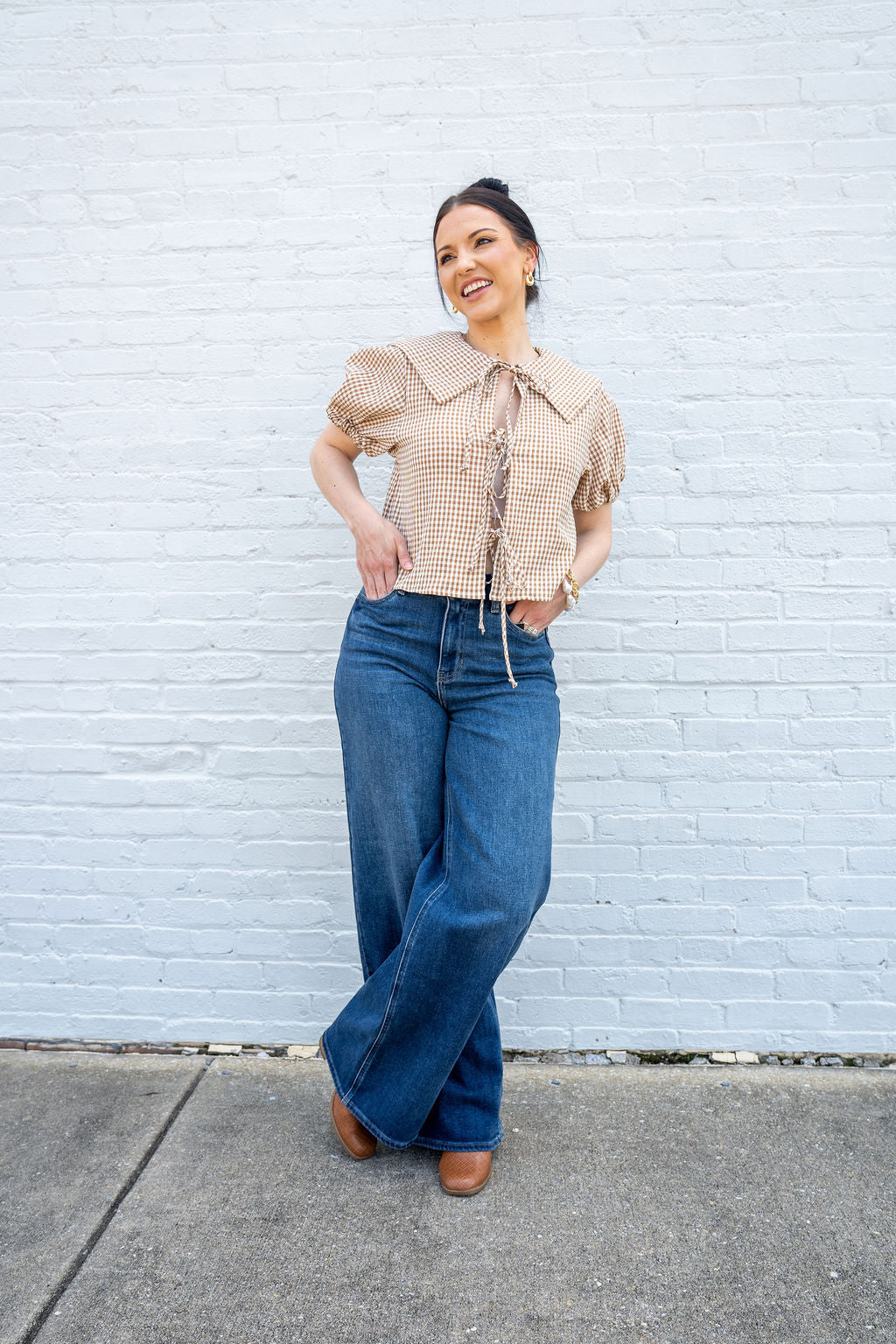 Downtown Darling Gingham Tie Front Top