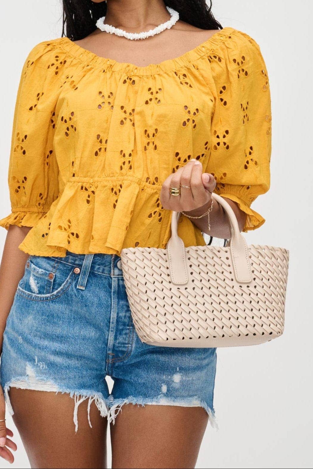 Paisley 2 in 1 Mini Woven Tote/Crossbody Bag With Pouch: Almond
