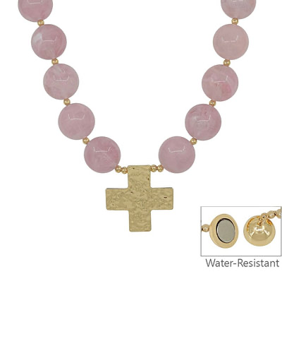 Evelyn Beaded Cross Necklace, Light Pink