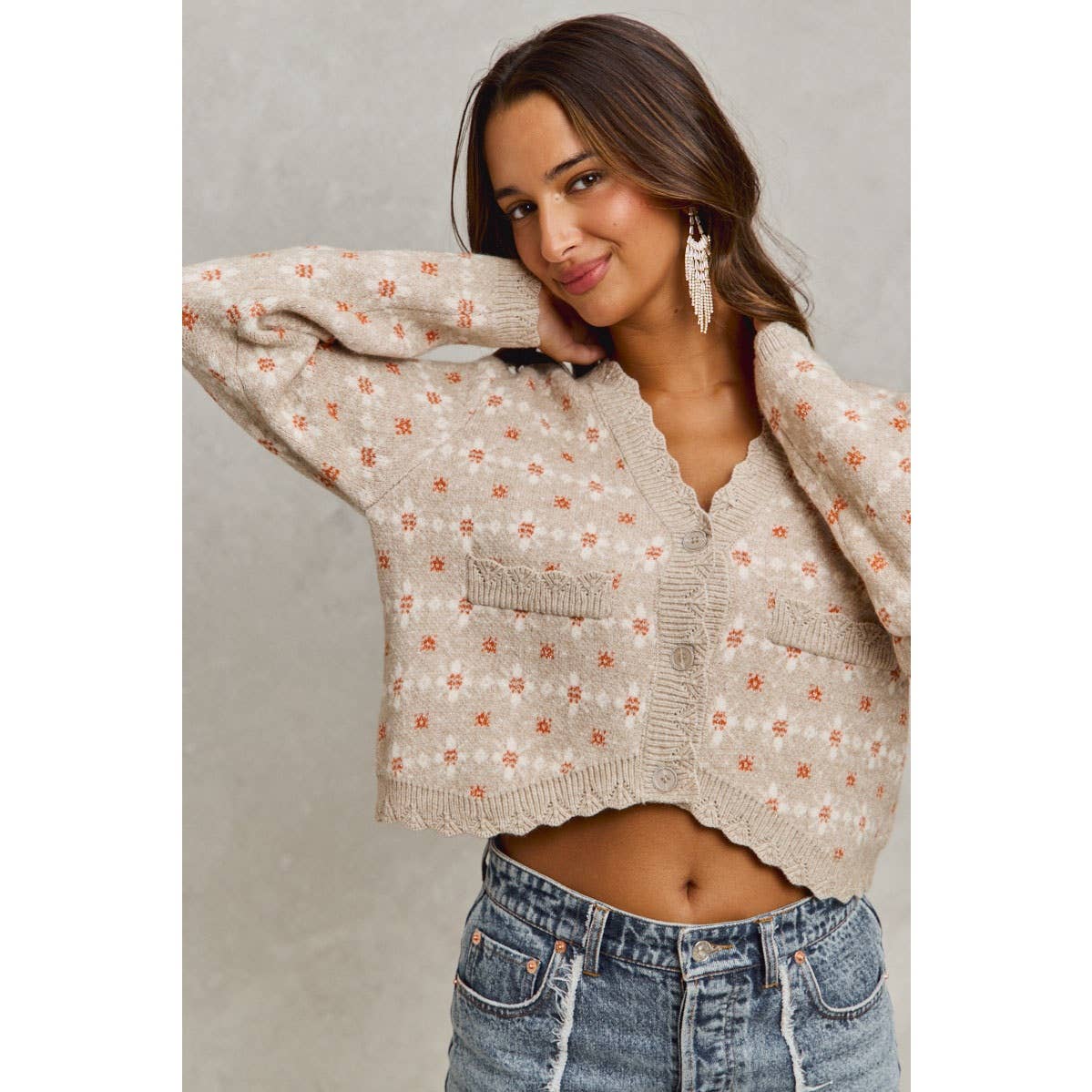 FLORAL PATTERNED BUTTON DOWN SWEATER CARDIGAN, OATMEAL