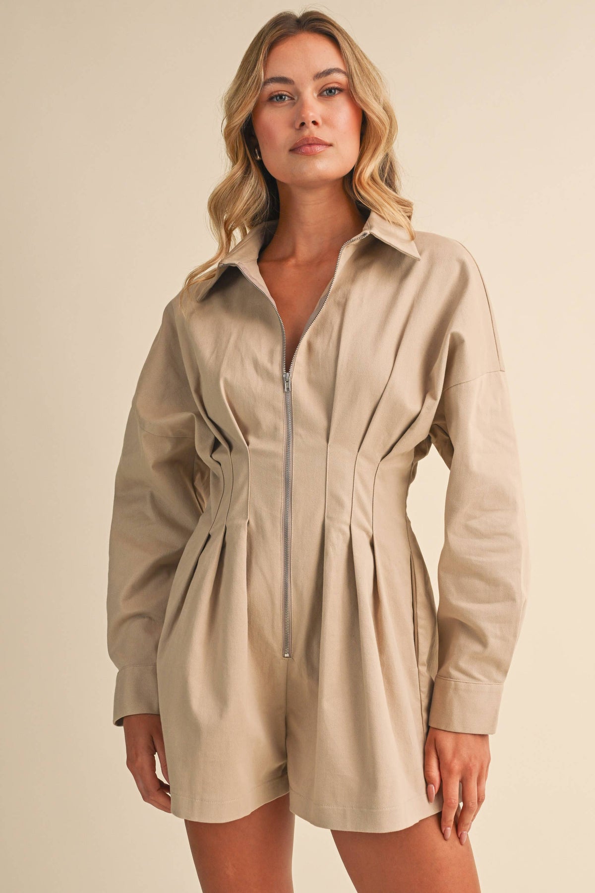 LOGAN PLEATED WAIST ROMPER, SAND