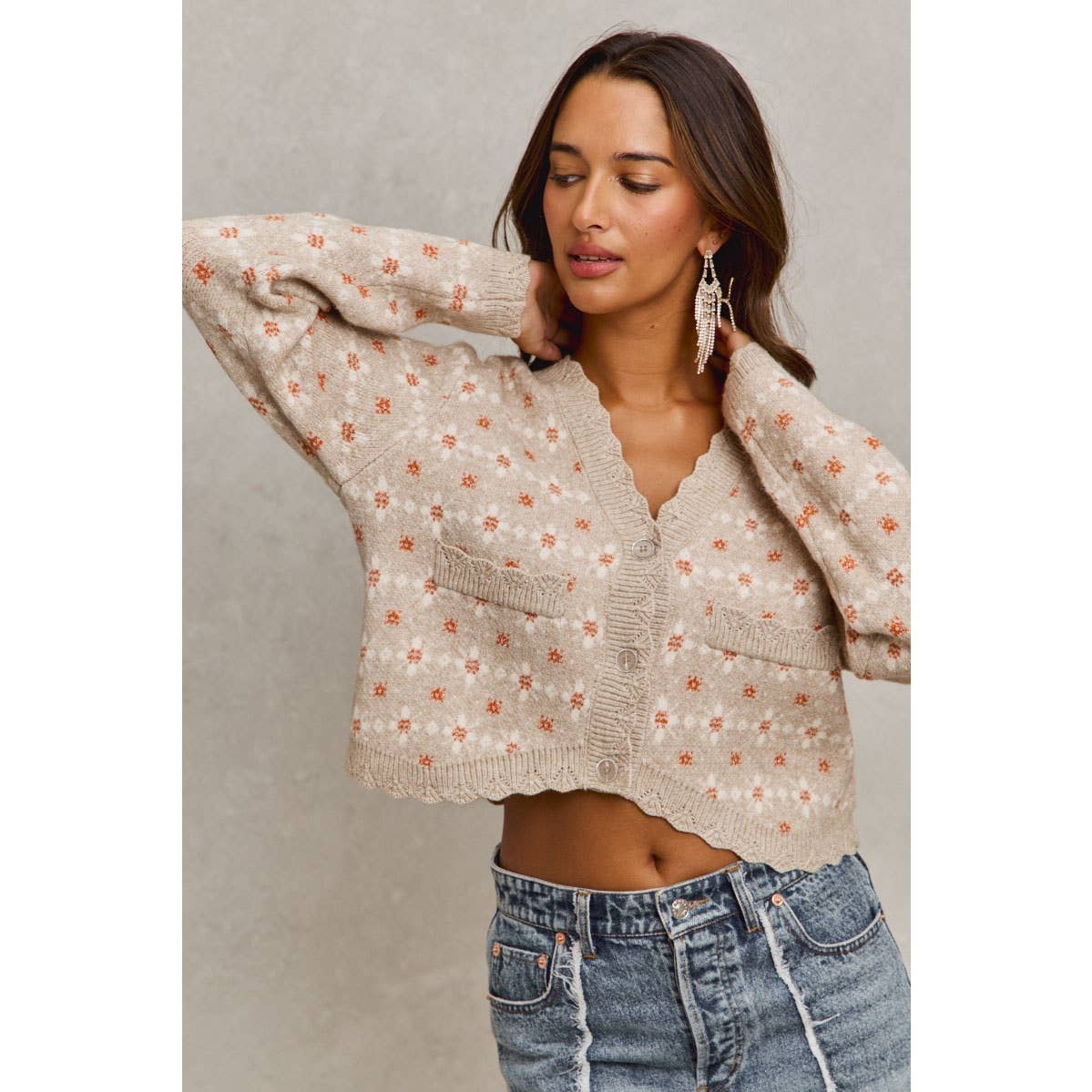 FLORAL PATTERNED BUTTON DOWN SWEATER CARDIGAN, OATMEAL
