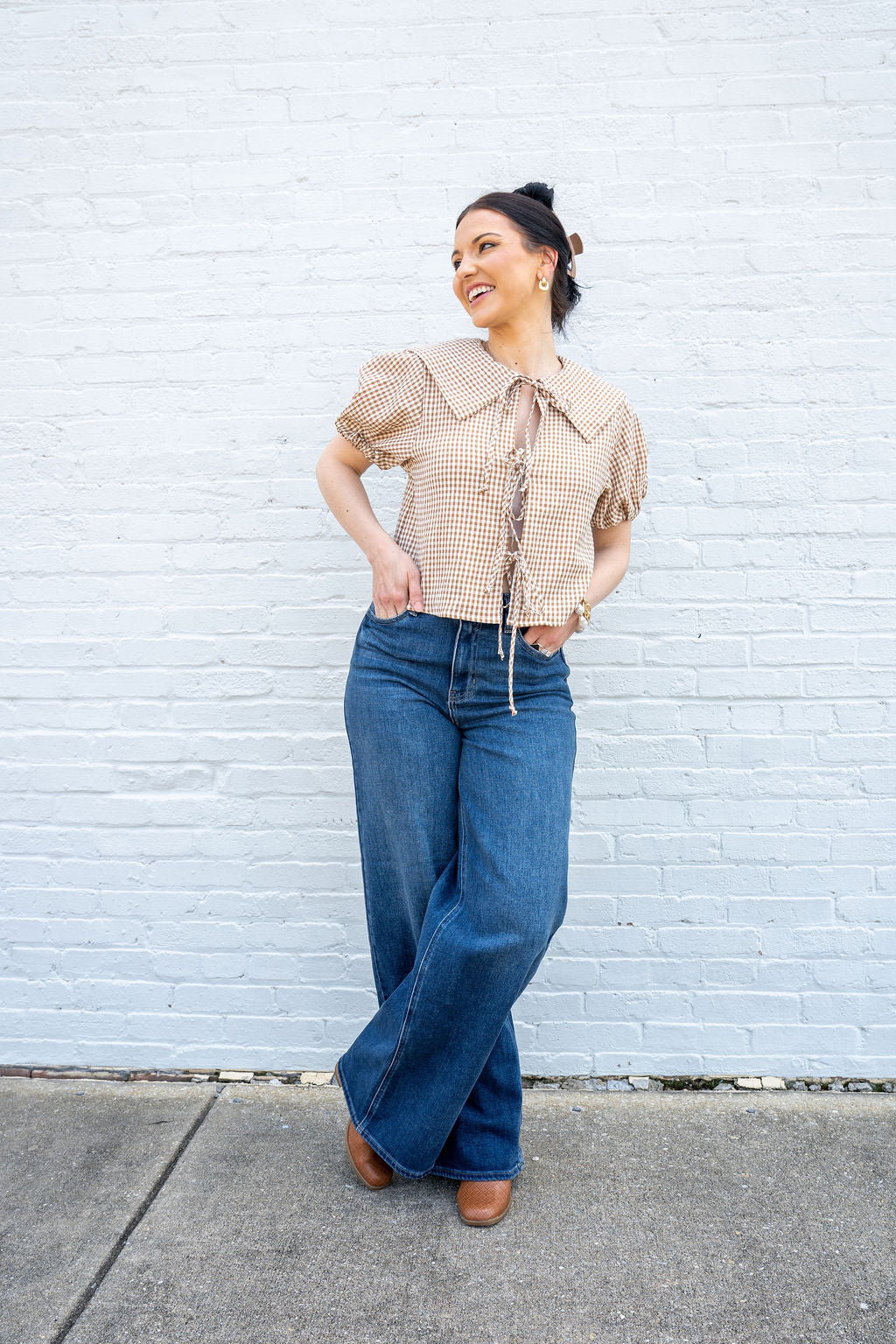Downtown Darling Gingham Tie Front Top