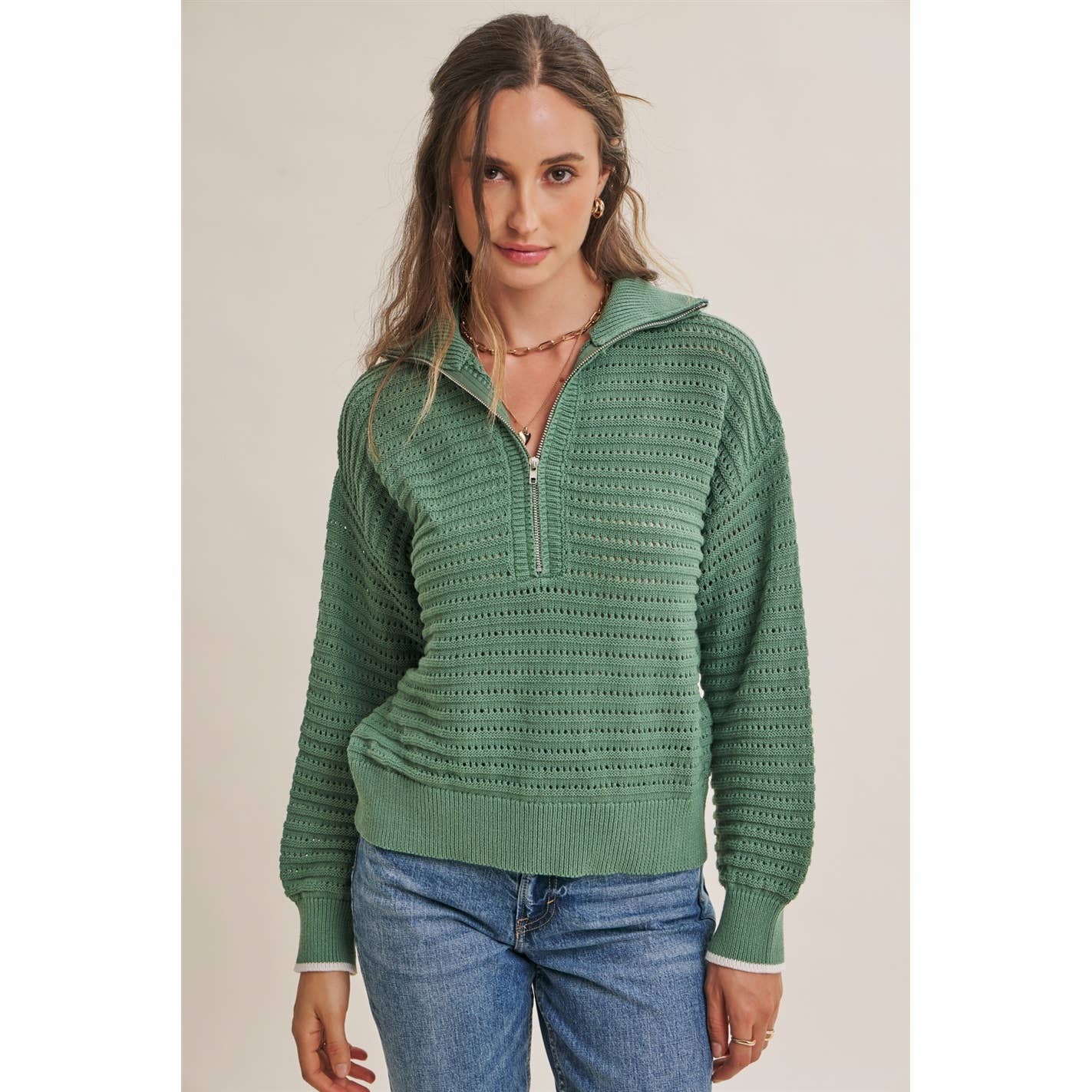 MOUNTAIN AIR TEXTURED HALF-ZIP SWEATER: SEA GREEN