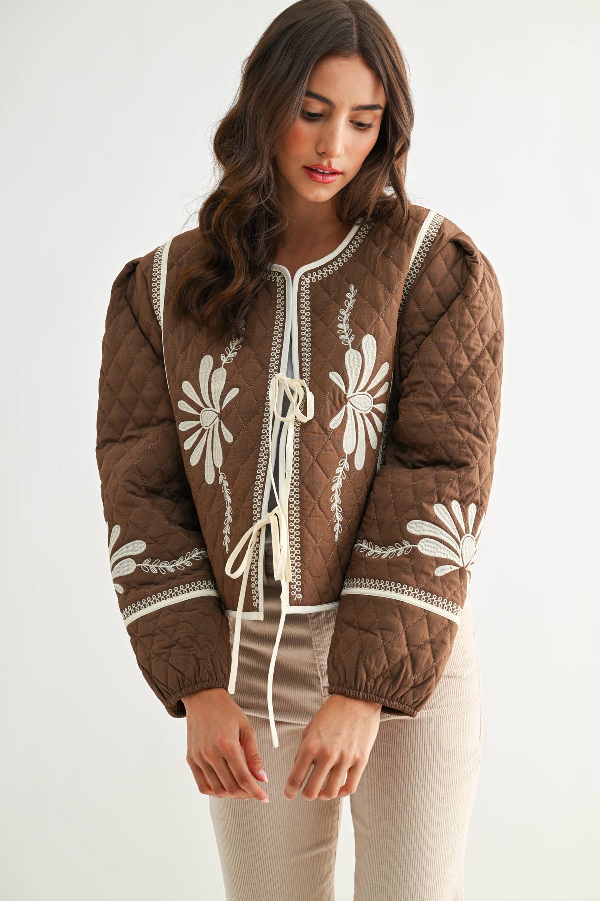 BOHO BLOOM QUILTED TIE-FRONT JACKET,  MOCHA