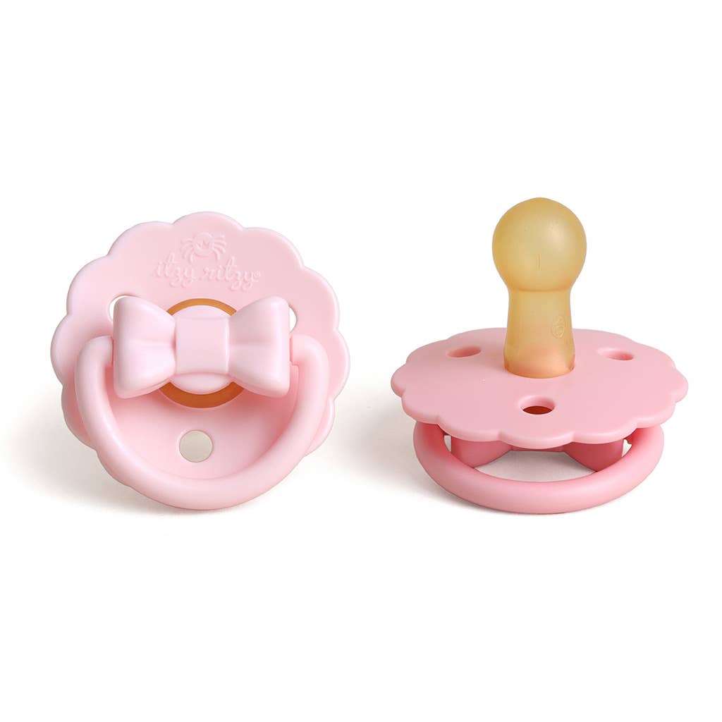 Itzy Soother™ Natural Rubber Paci Sets: Pink Bow 0-6 M
