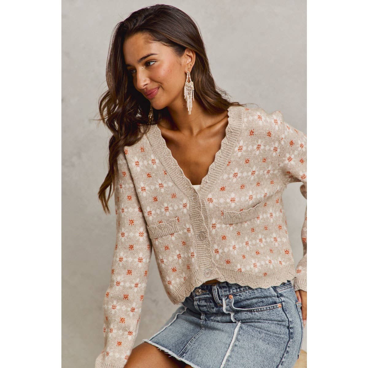 FLORAL PATTERNED BUTTON DOWN SWEATER CARDIGAN, OATMEAL