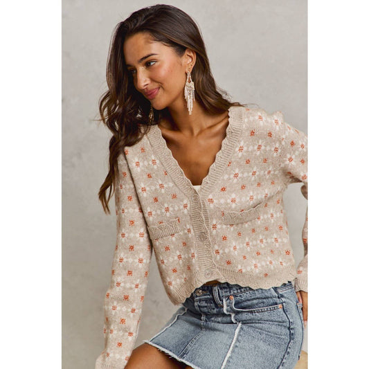 FLORAL PATTERNED BUTTON DOWN SWEATER CARDIGAN, OATMEAL