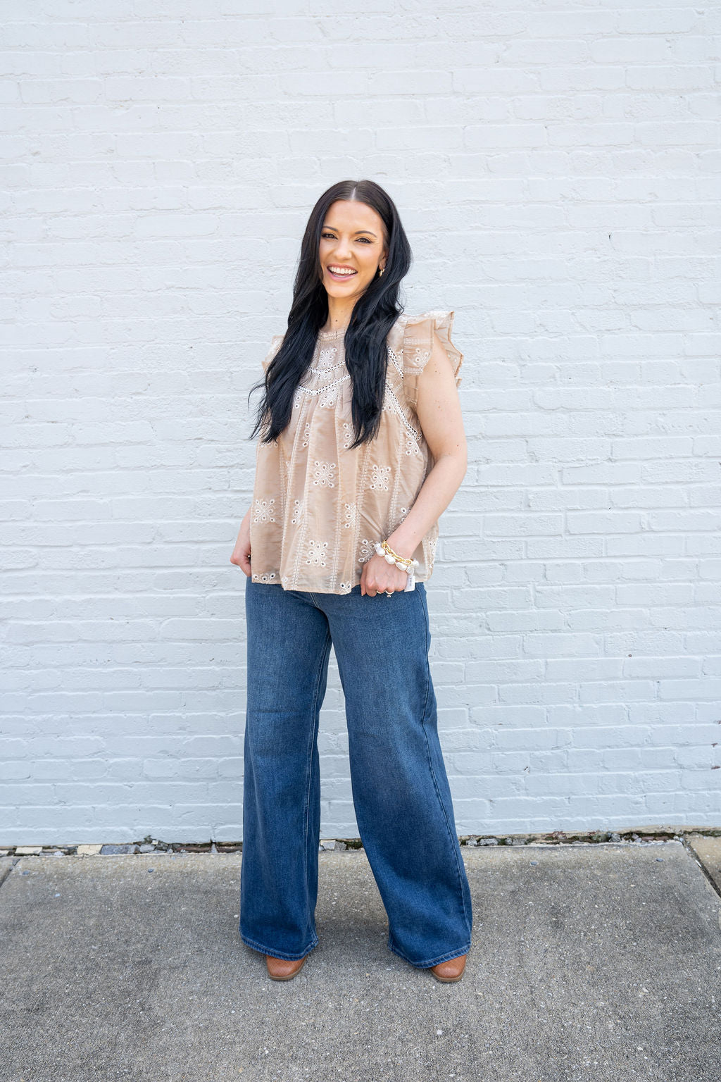 Lilian Lace Trim Flutter Sleeve Top, Taupe