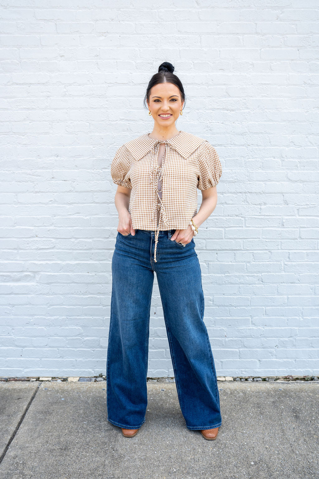Downtown Darling Gingham Tie Front Top