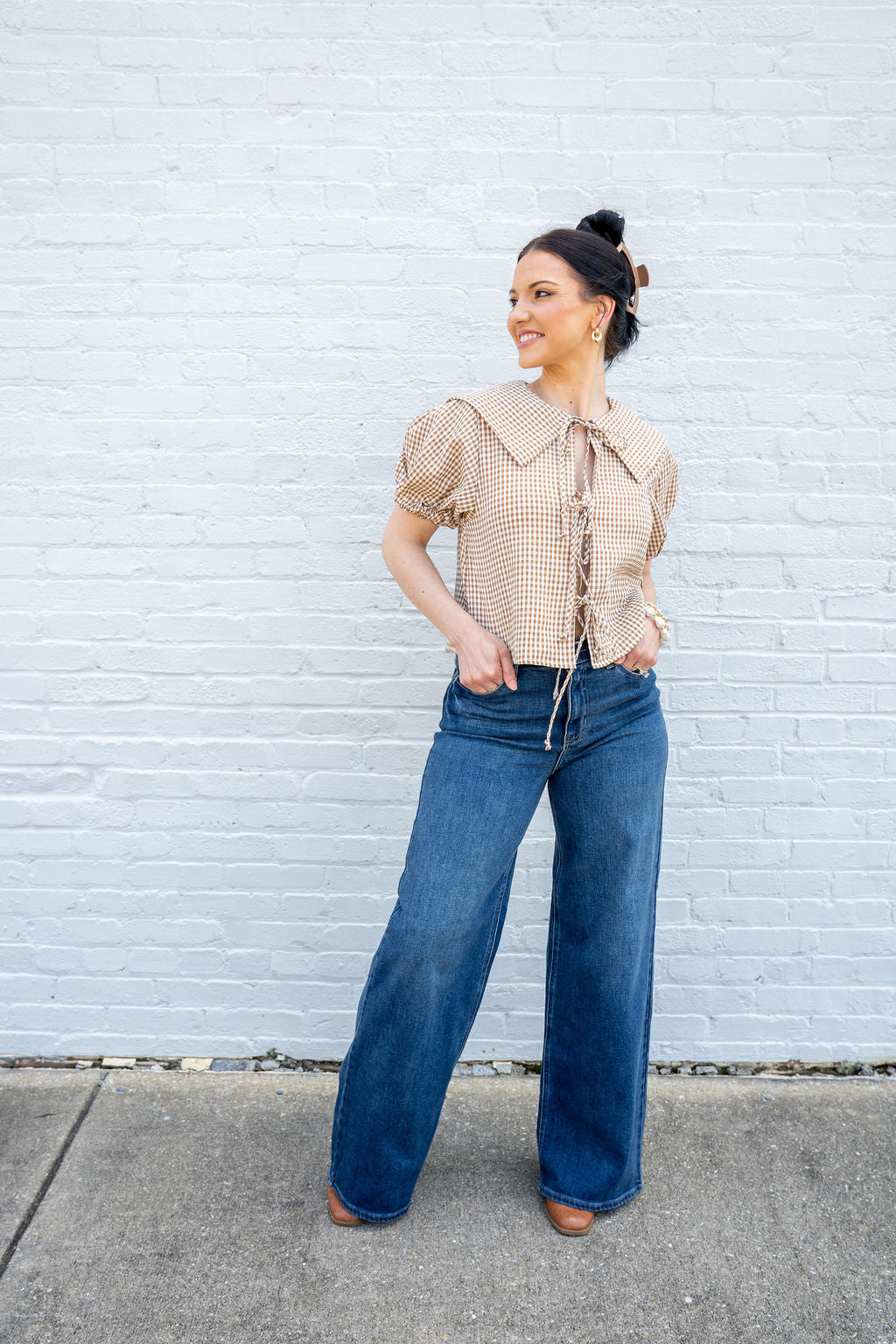 Downtown Darling Gingham Tie Front Top