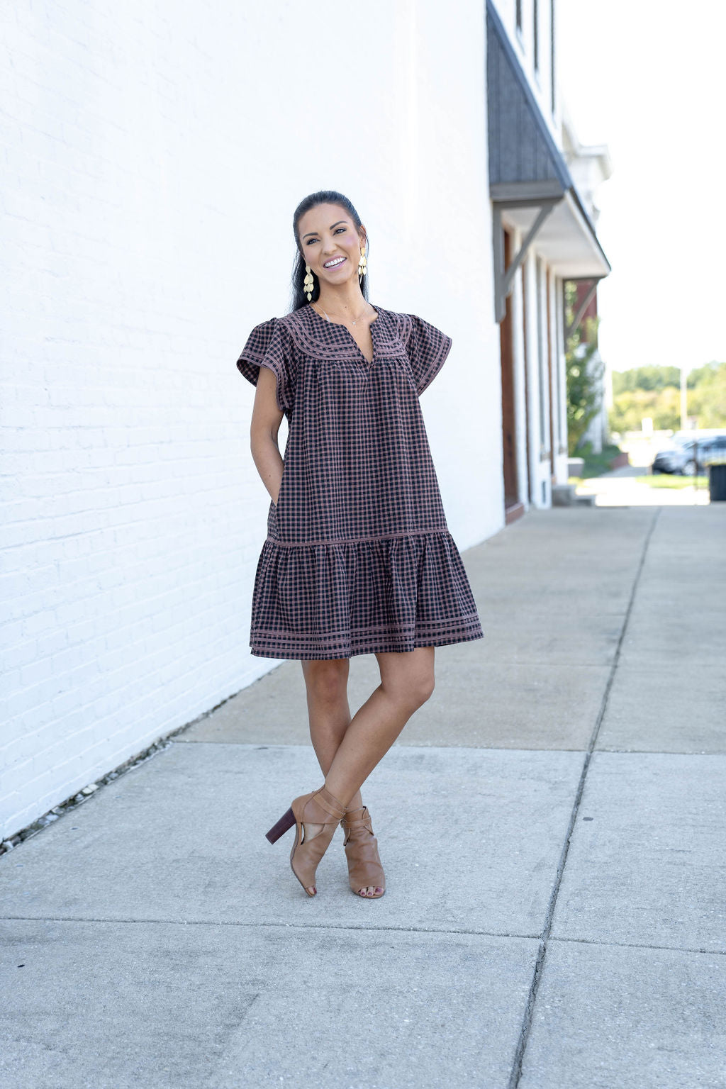 I’m On My Way Gingham Dress, Brown/Black