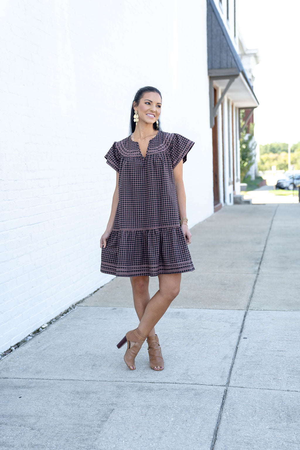 I’m On My Way Gingham Dress, Brown/Black