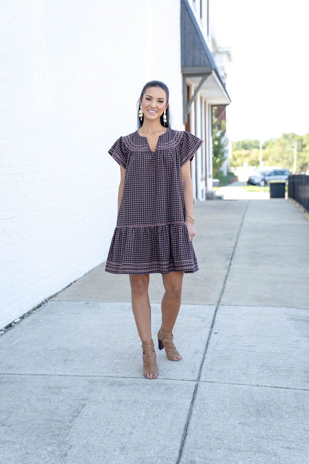 I’m On My Way Gingham Dress, Brown/Black