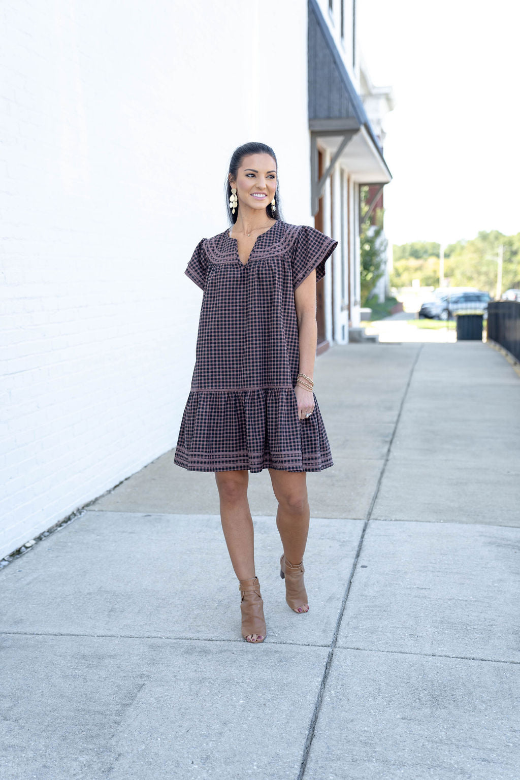 I’m On My Way Gingham Dress, Brown/Black