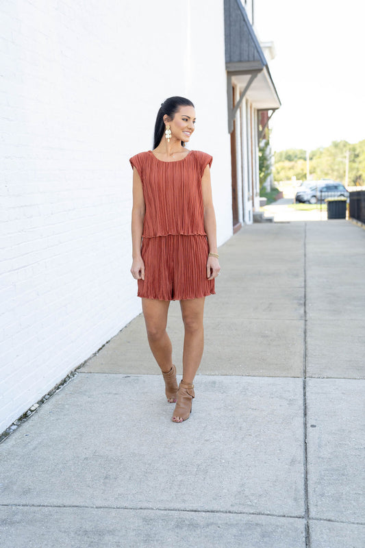 Pleated Romper, Rust