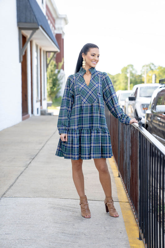 Heidi Tartan Plaid Dress, Navy Green