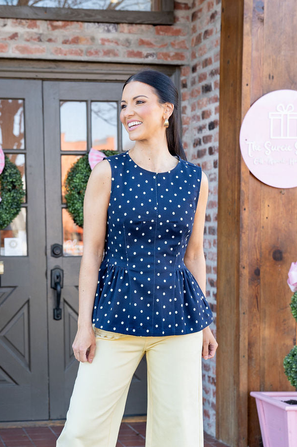 Navy Polka Dot Peplum Top