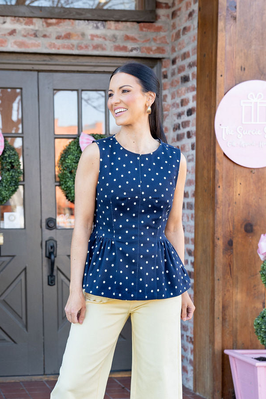 Navy Polka Dot Peplum Top