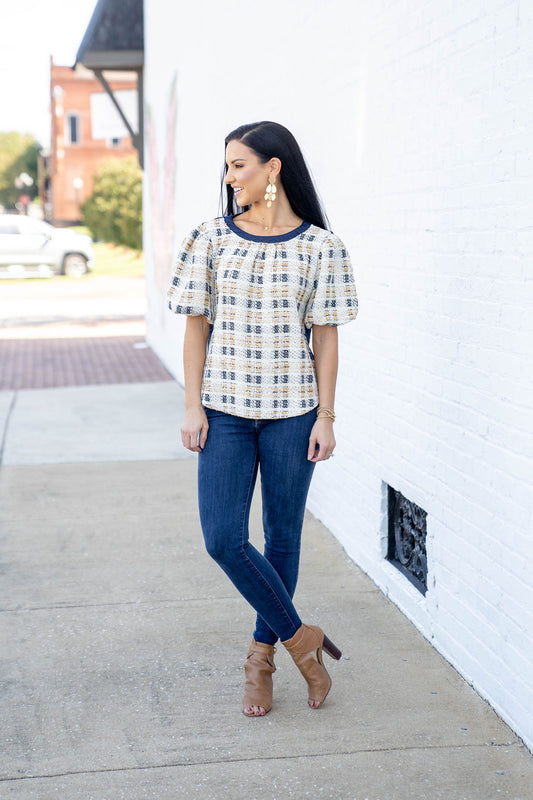 Tweed Bubble Sleeve Contrast Back Top, Navy Gold