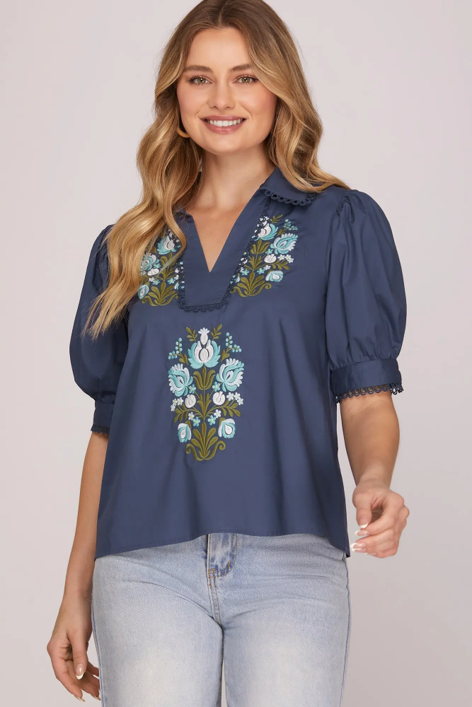 Nantucket Blooms Embroidered Top, Navy