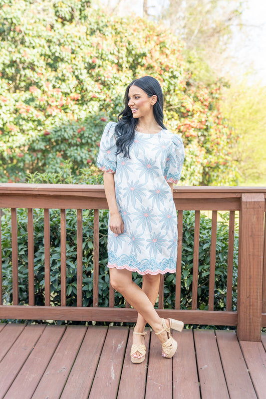 Coastal Rhythm Coral and Aqua Embroidered Dress
