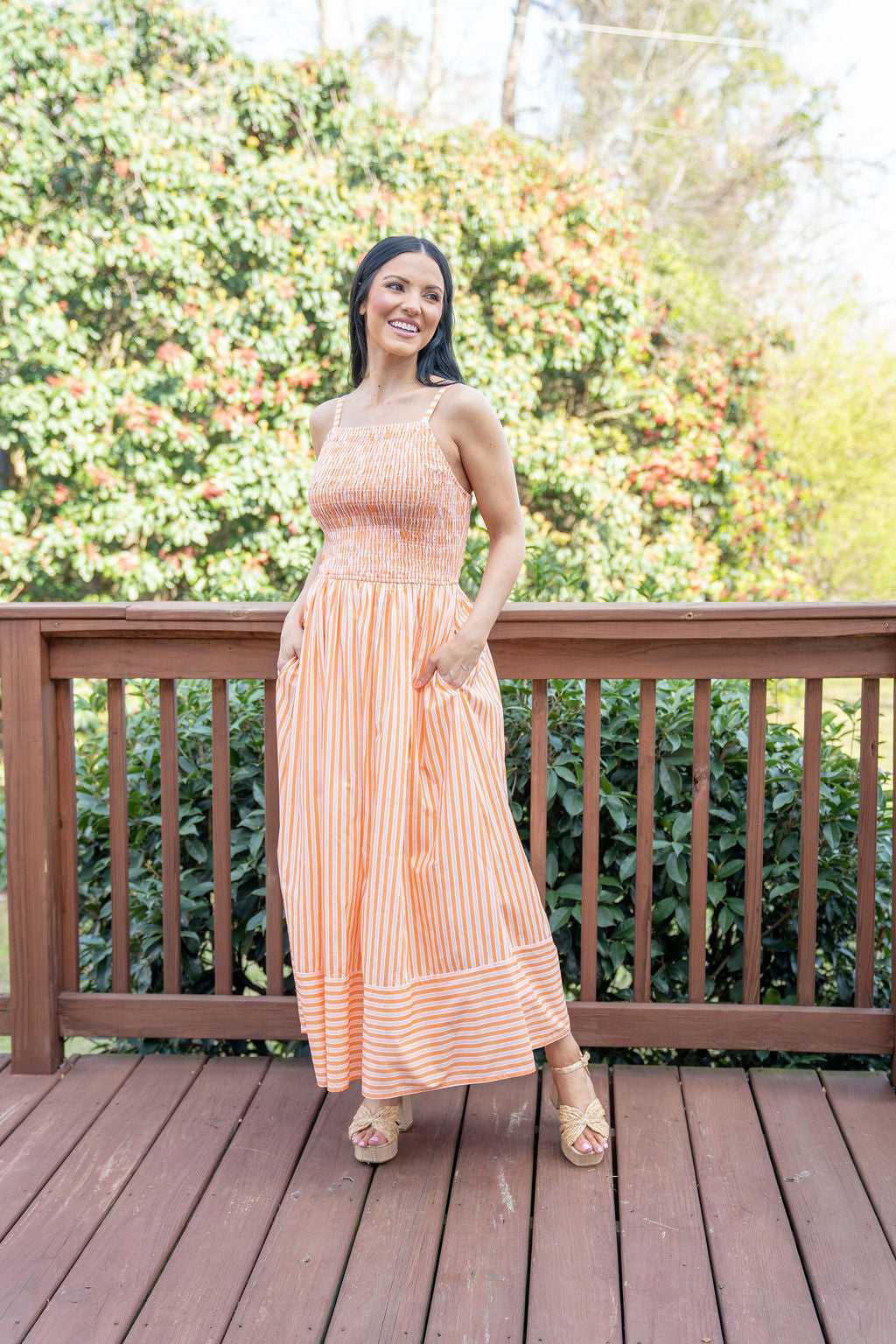 Holiday In The Sun Orange Striped Midi Dress