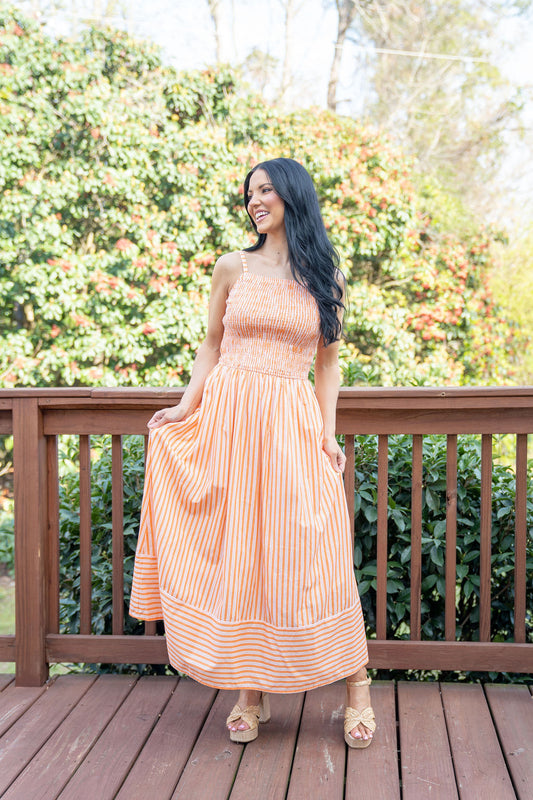Holiday In The Sun Orange Striped Midi Dress