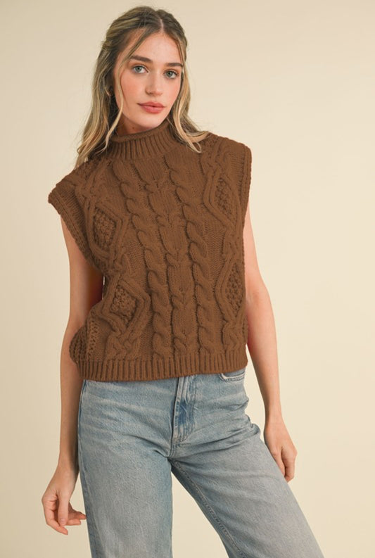 Cable Knit Sleeveless Sweater Vest, Mocha