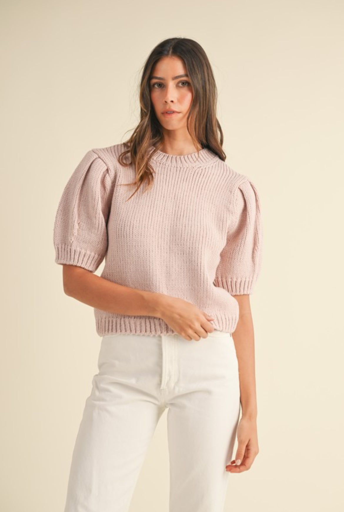 Puff Short Sleeve Sweater Top, Light Pink