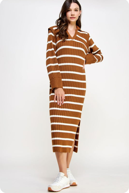 Striped Knit Midi Dress, Brown/Ivory