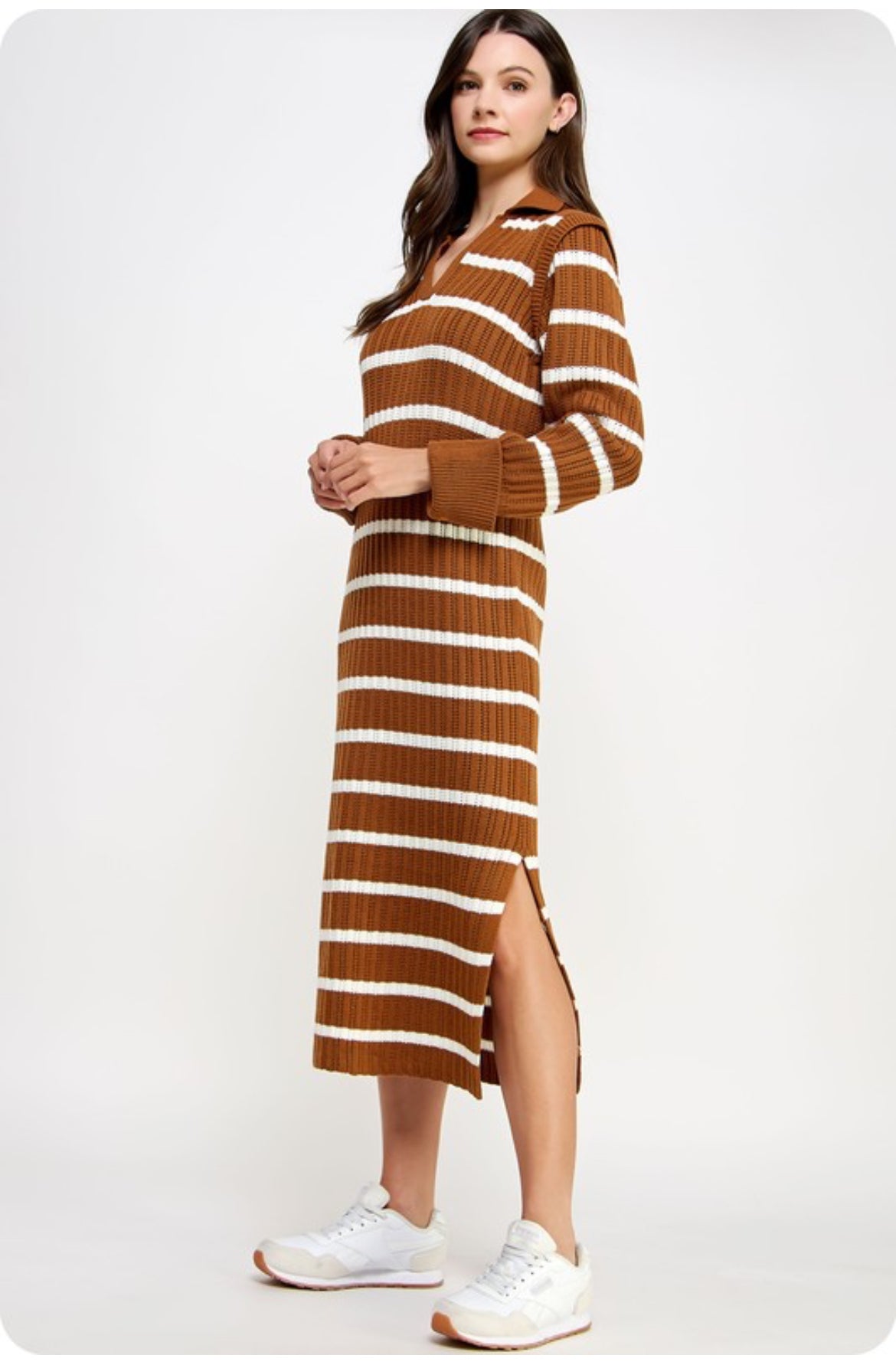 Striped Knit Midi Dress, Brown/Ivory