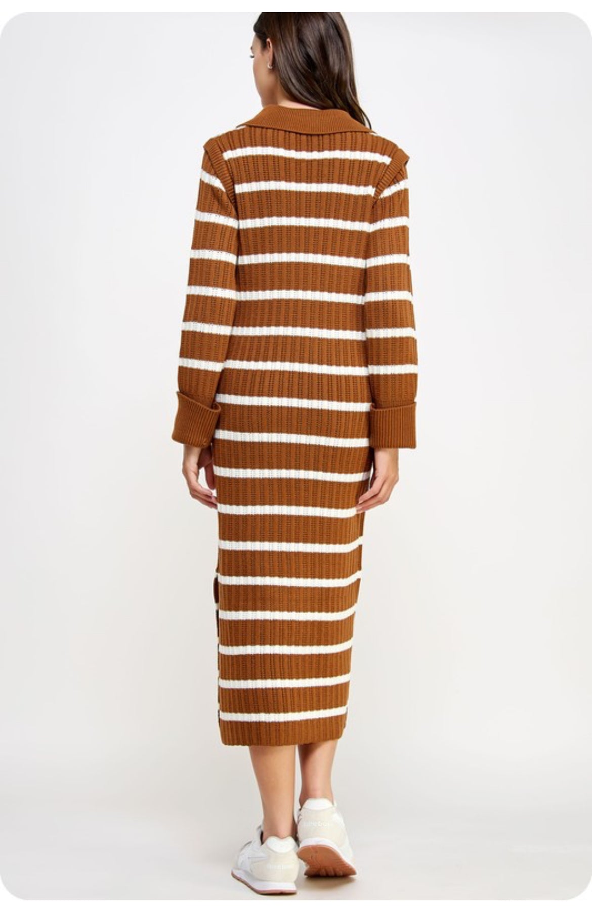 Striped Knit Midi Dress, Brown/Ivory